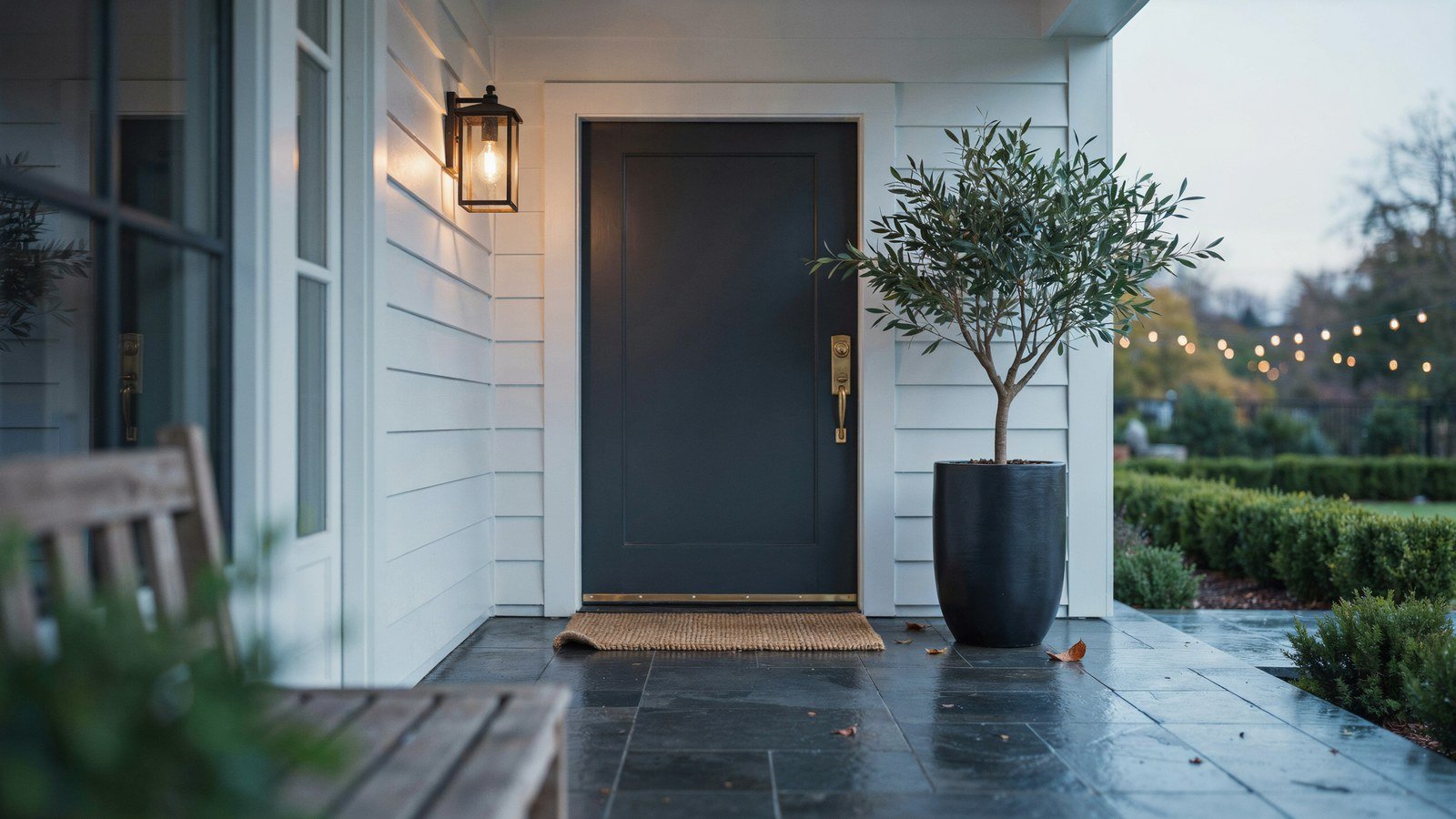 Charcoal front door with brass hardware on a moody modern porch