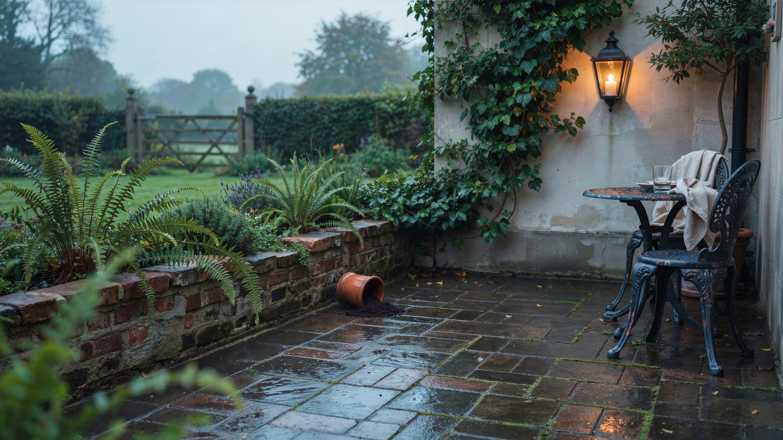 Moody Victorian patio with dark clay pavers and a warm wall lantern