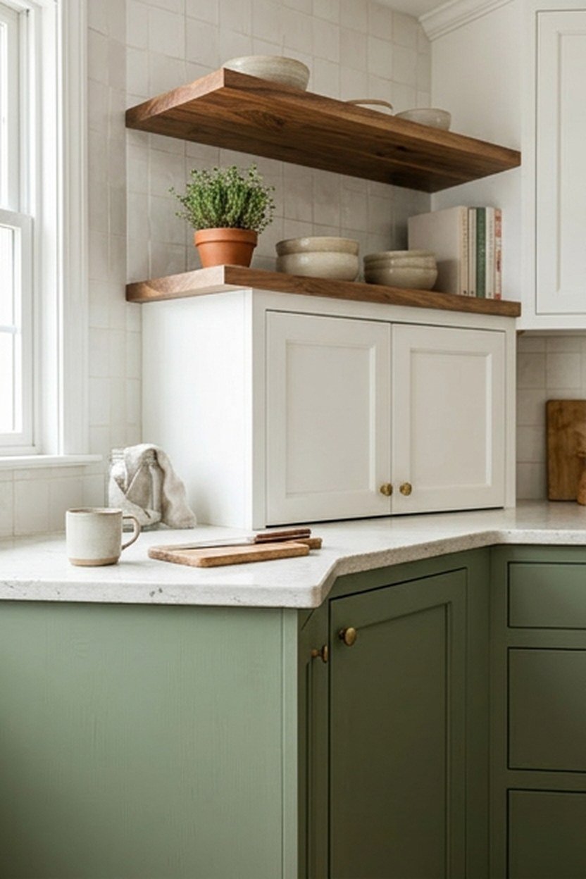 Moss green lower cabinets with white upper cabinets and a walnut shelf