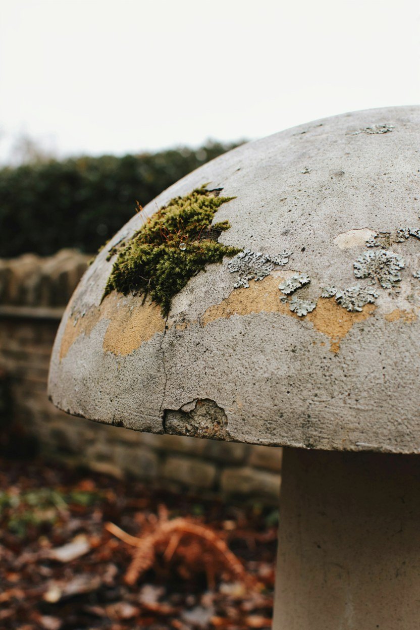 Moss and lichen established on a weathered concrete toadstool cap