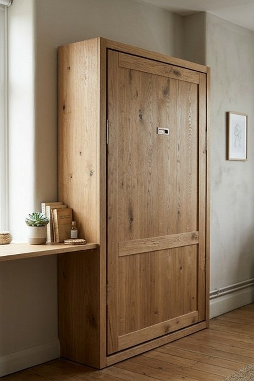 A Murphy bed folded into a wall cabinet in a studio apartment