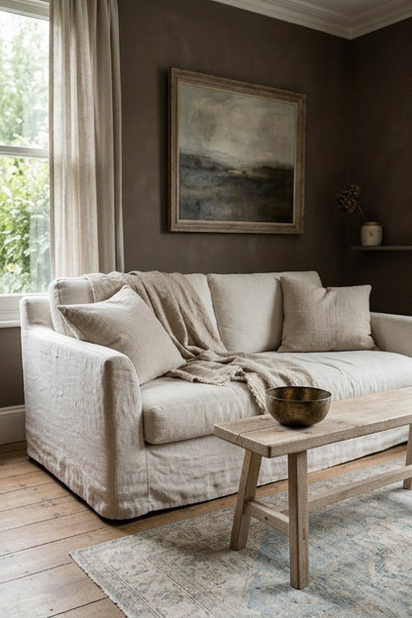 Mushroom brown walls with chalky white linen and pale oak