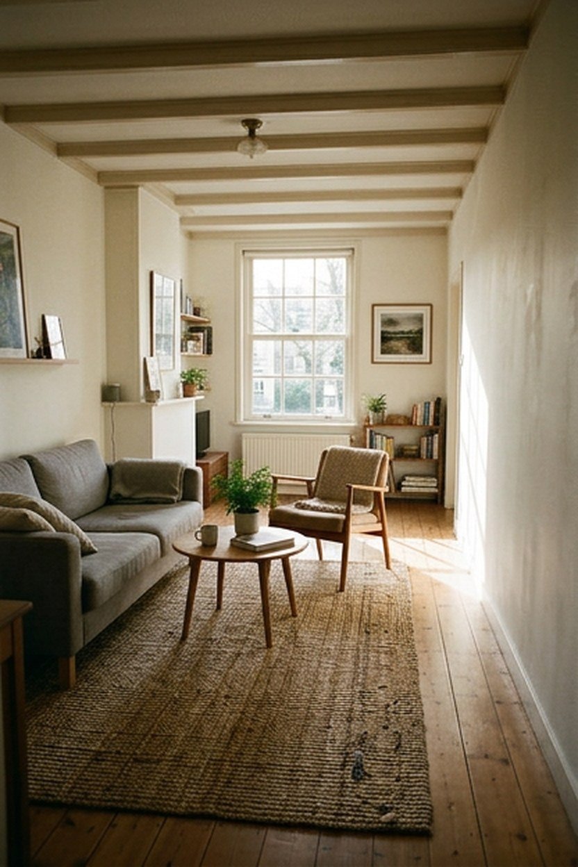 Sofa placed across a narrow living room to break up its length