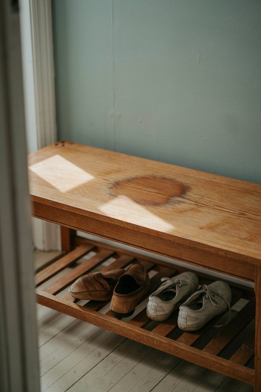 Narrow oak bench with a slatted base holding shoes in an entryway