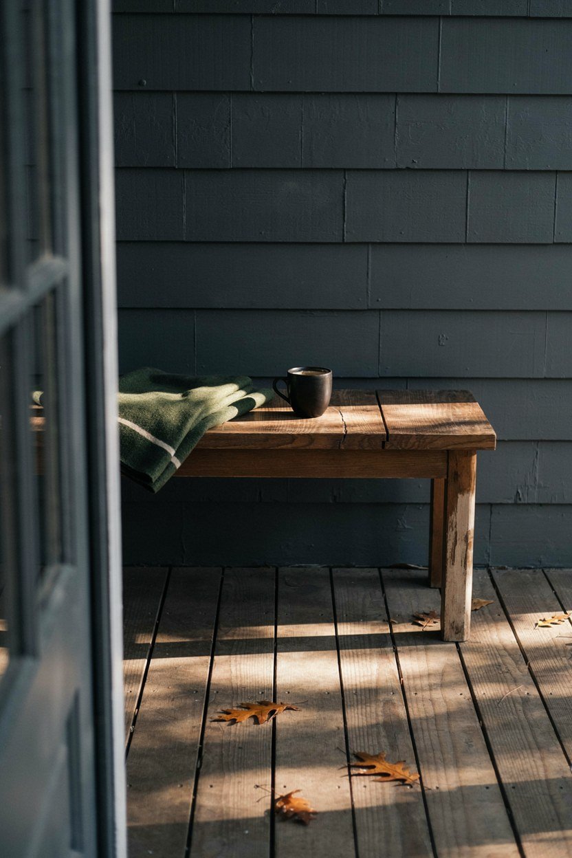 Narrow hardwood bench against a dark porch wall