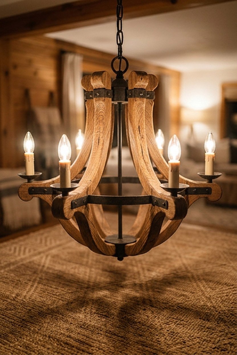 A chandelier incorporating natural wood and stone elements in a bedroom