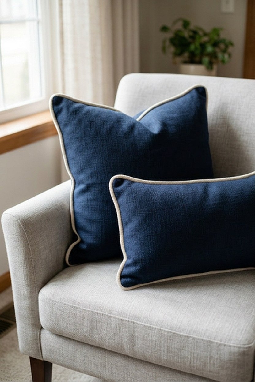 Navy accent pillows with a piping detail on a reading nook chair