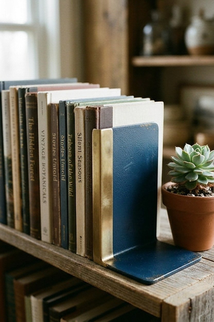A small collection of navy and brass bookends on a reading nook shelf