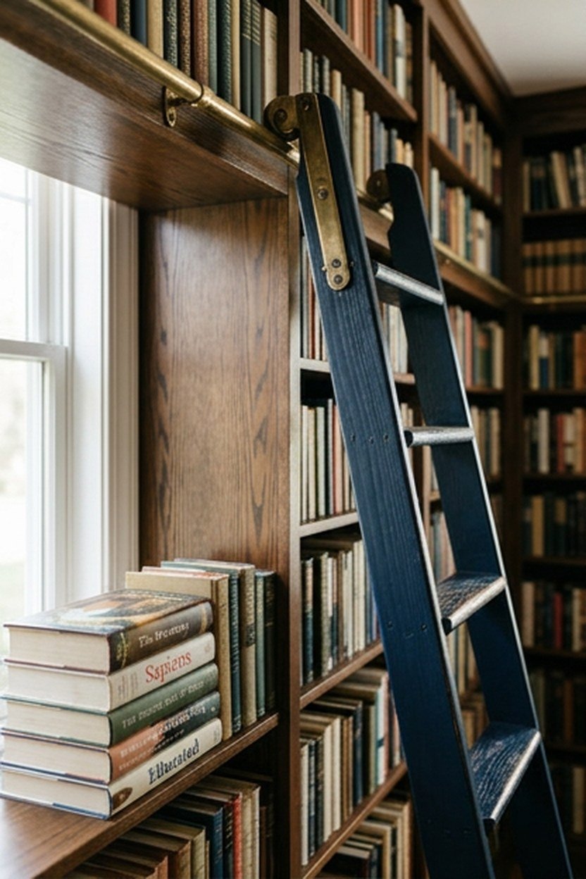 A navy and brass library ladder mounted beside a tall bookshelf