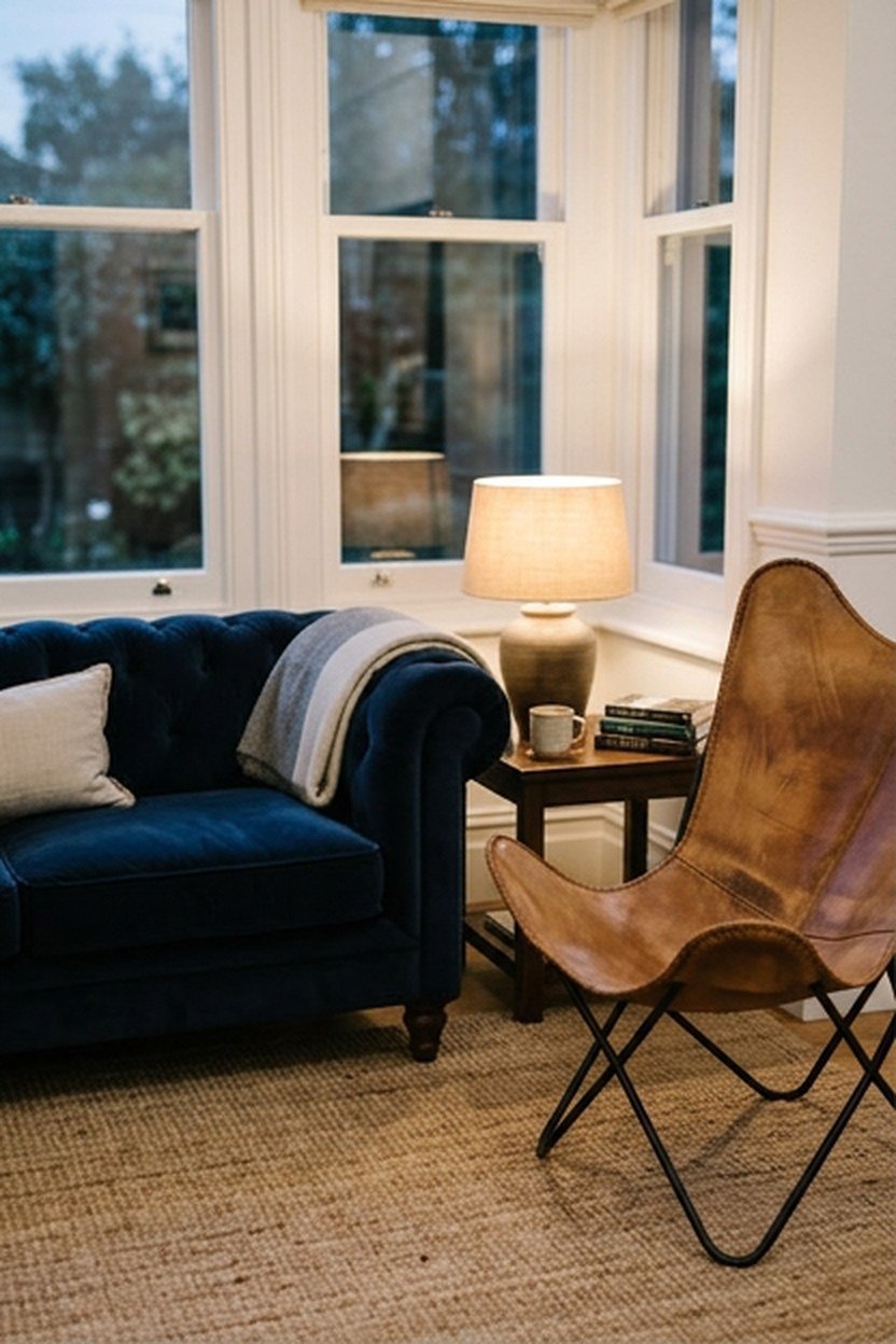 Navy sofa with a camel leather chair and white trim in a living room