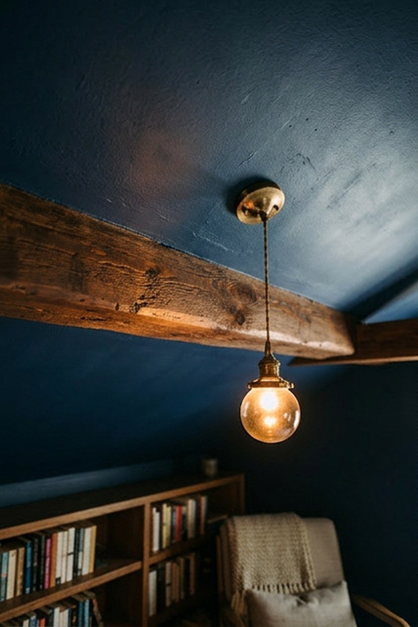 A navy painted ceiling creating an enveloping effect in a reading nook