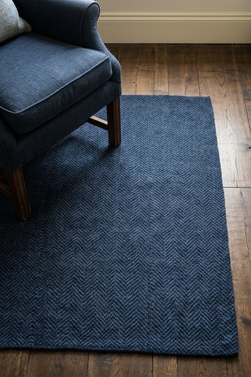 A navy herringbone patterned rug beneath a reading nook chair