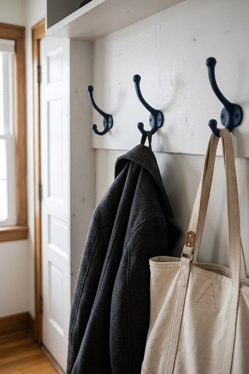 Navy hooks mounted against a white cubby backing in a mudroom