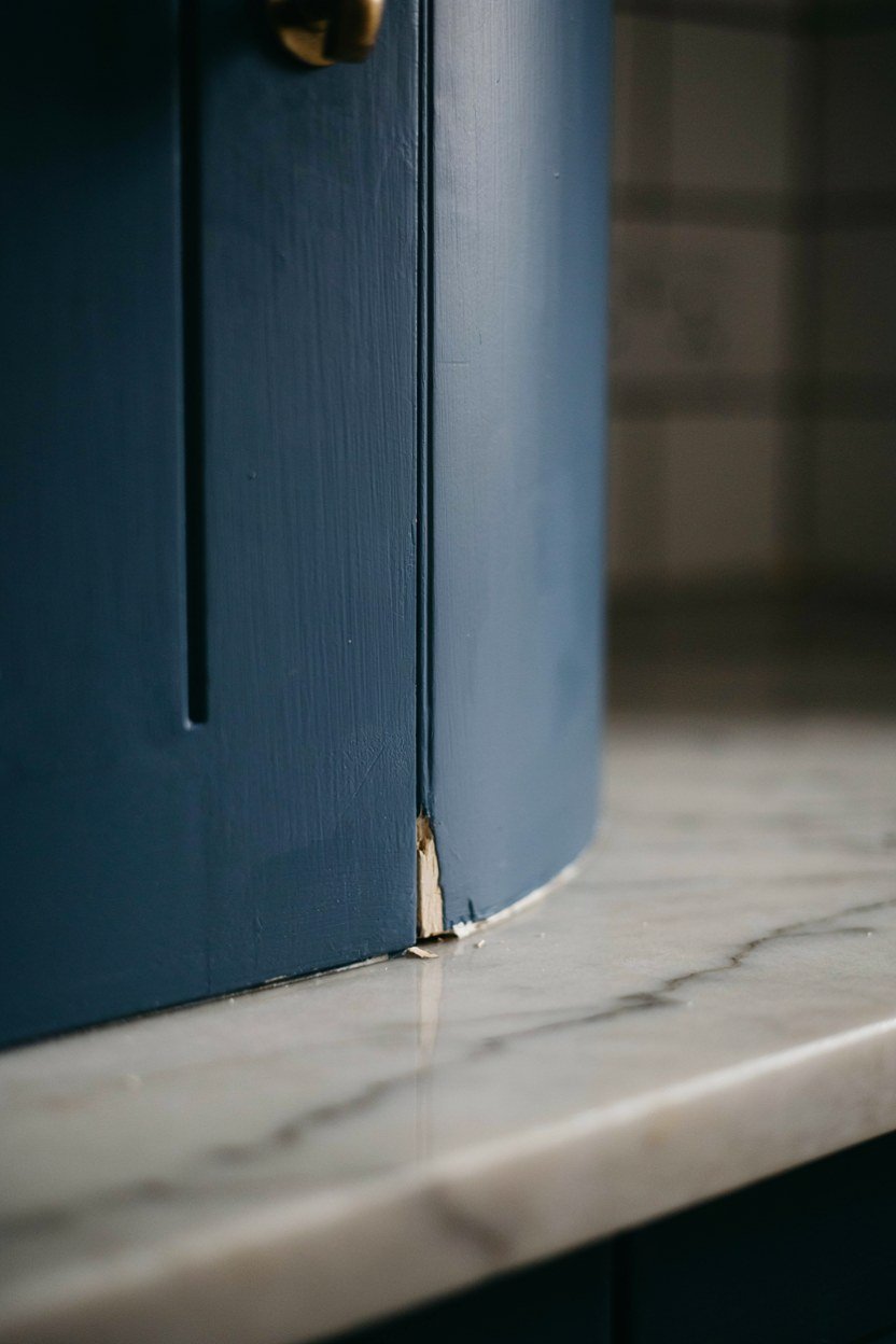 Navy kitchen base units meeting a pale marble effect worktop