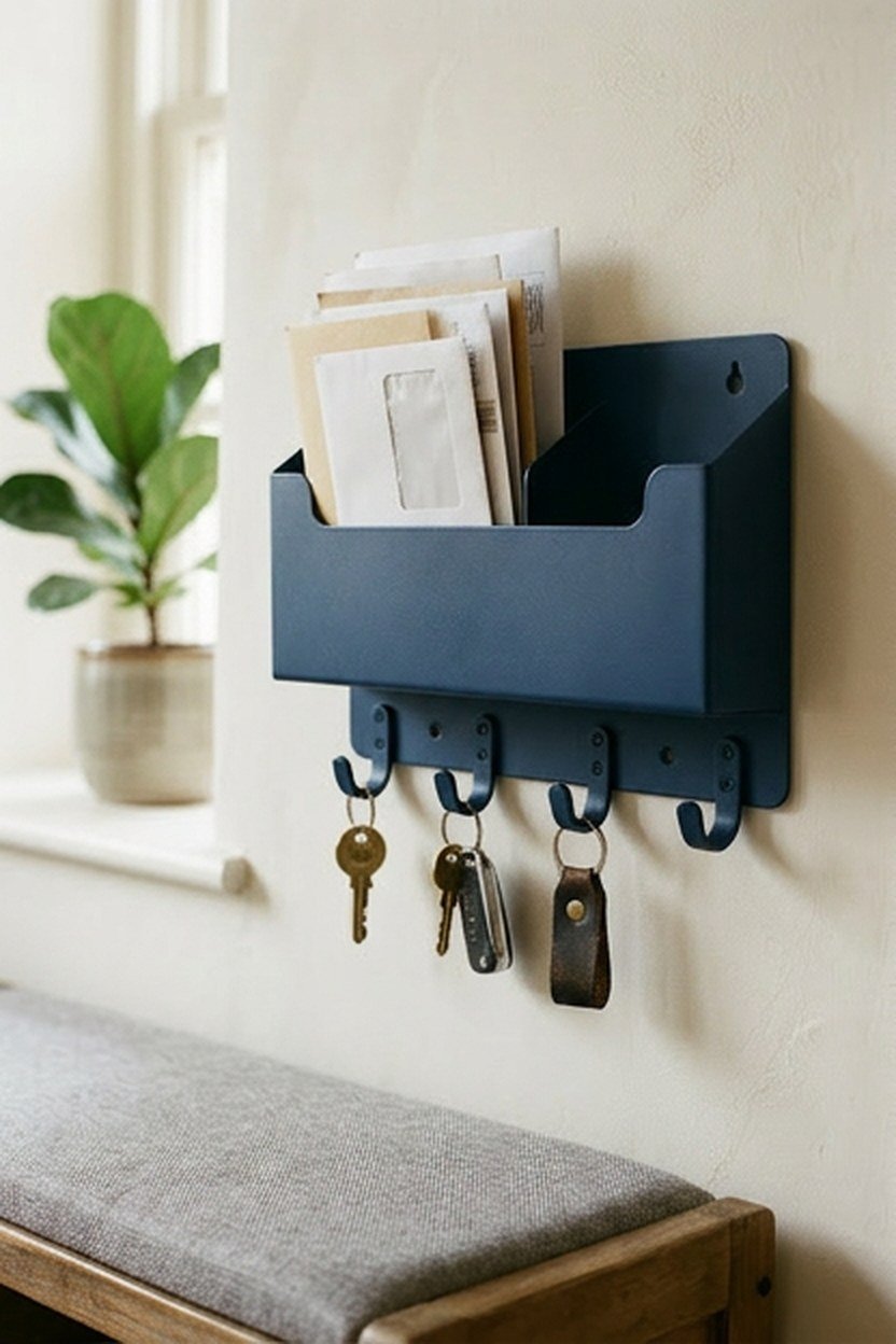 A navy metal mail and key organizer mounted on a mudroom wall