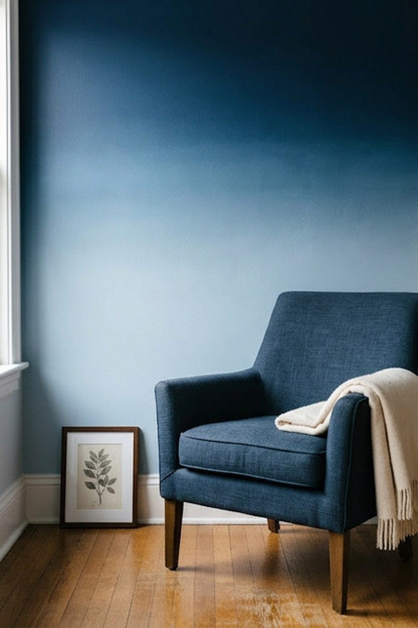 A navy ombre gradient accent wall behind a reading nook