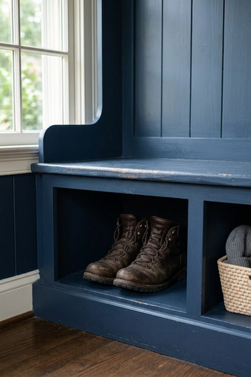 A navy painted built-in storage bench with cubbies in a mudroom