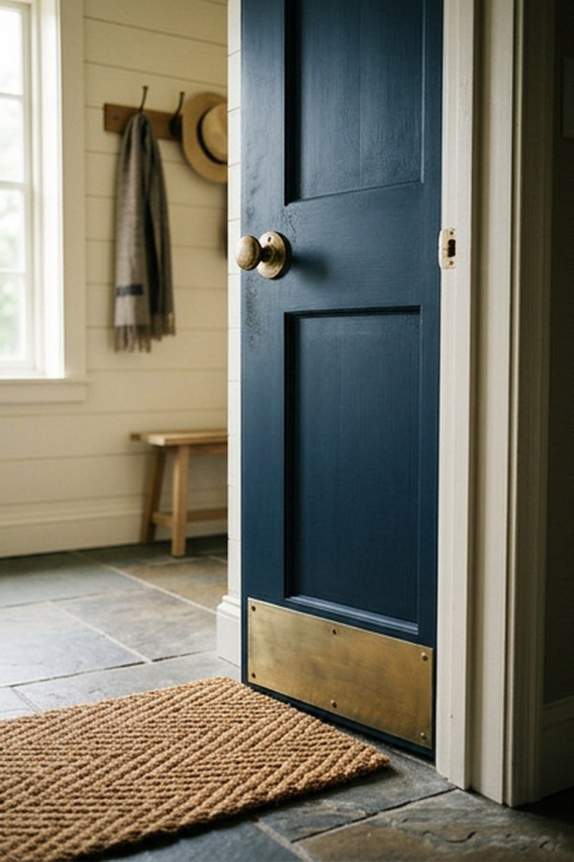 A navy painted interior door in a mudroom