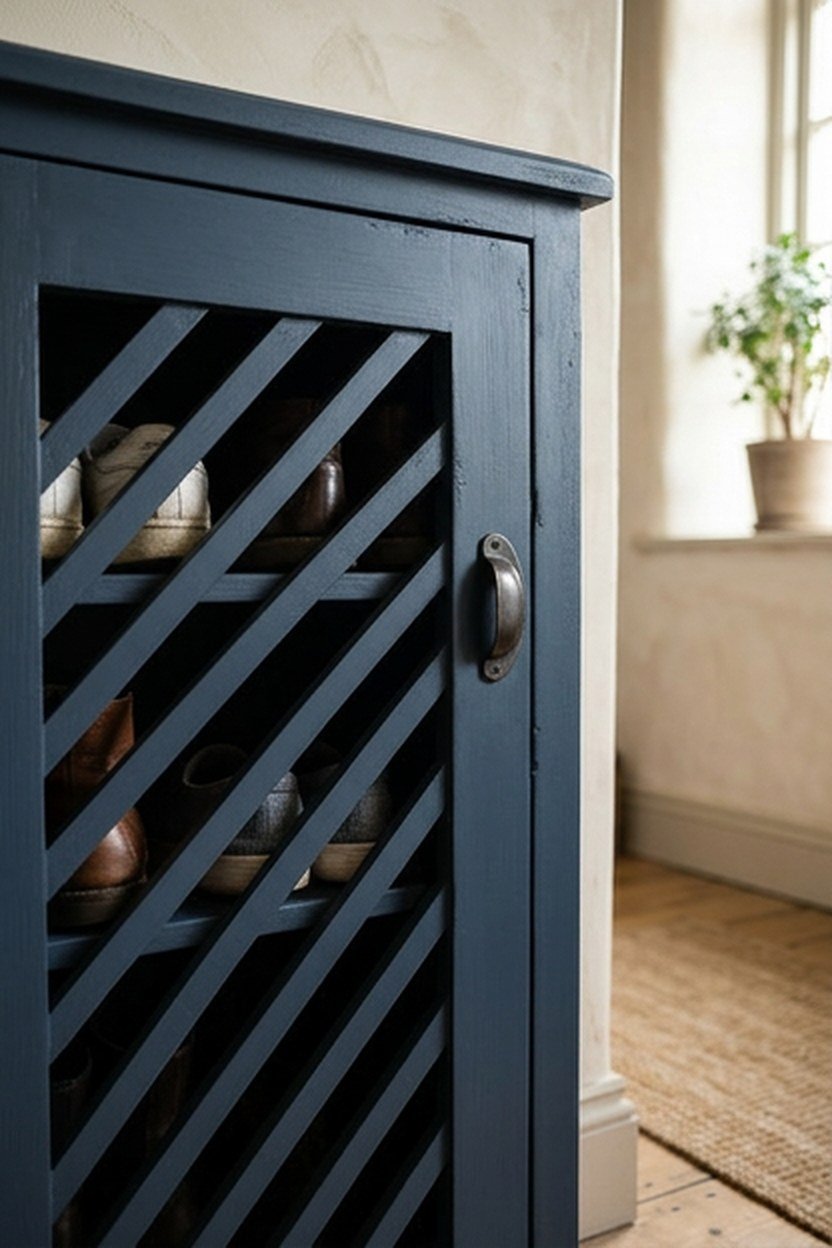A navy painted shoe storage cabinet in a mudroom