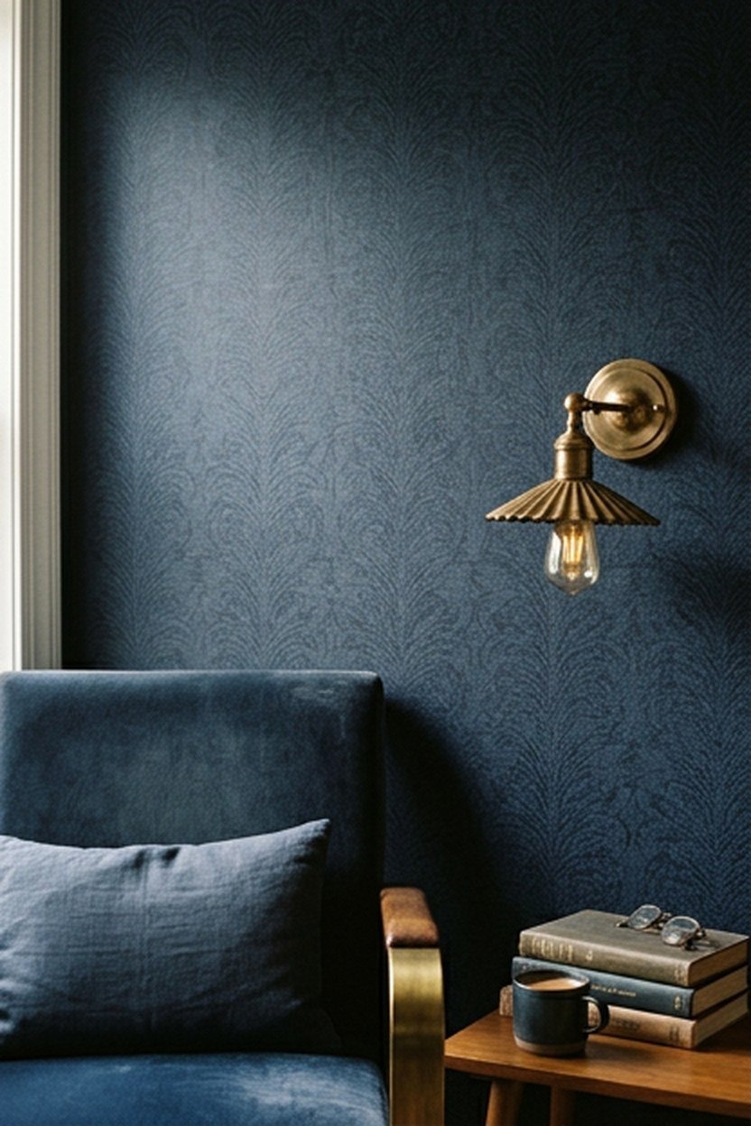 Navy wallpaper with a subtle pattern behind a reading nook chair