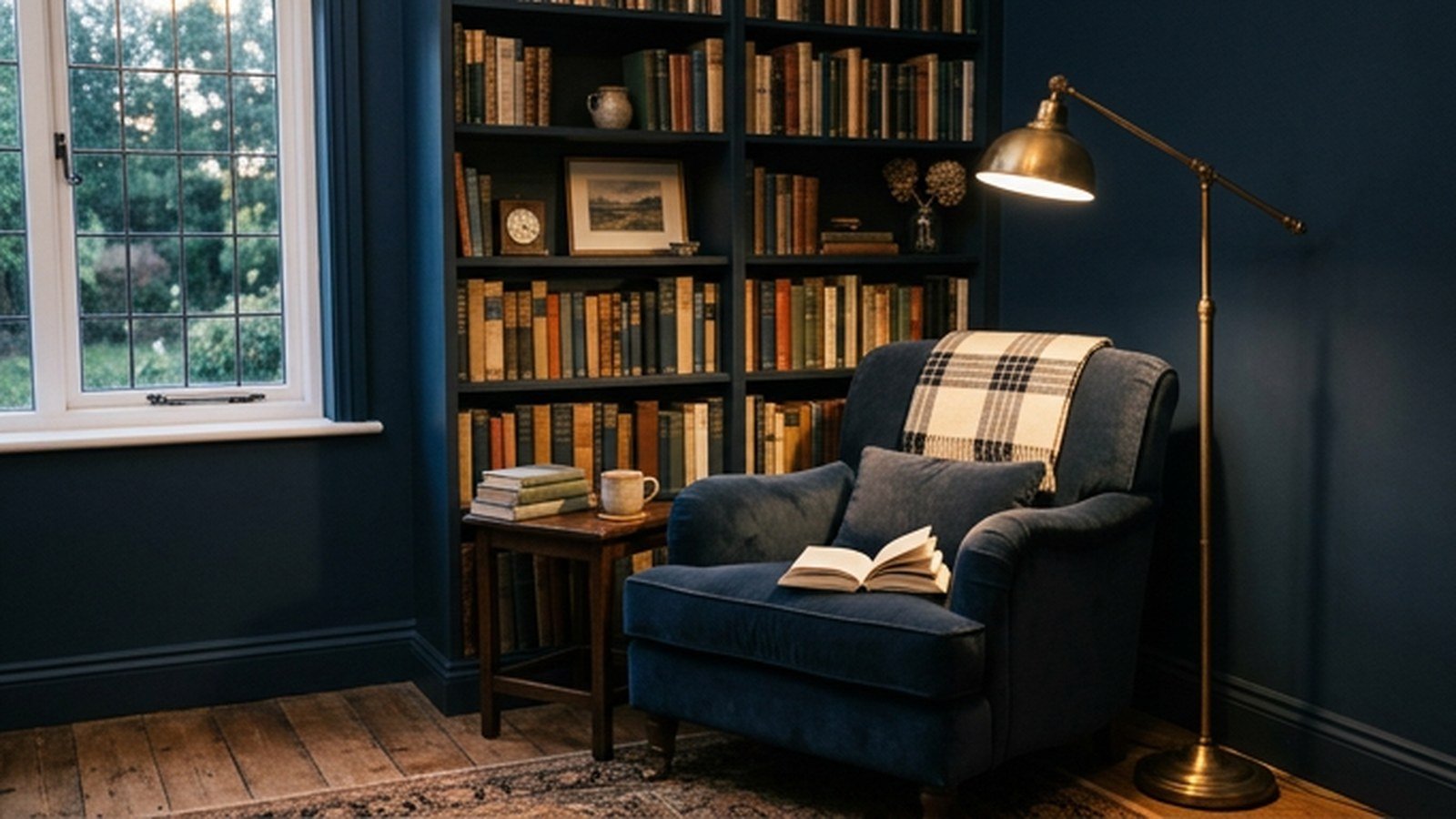 A navy reading nook with a velvet armchair and brass reading lamp
