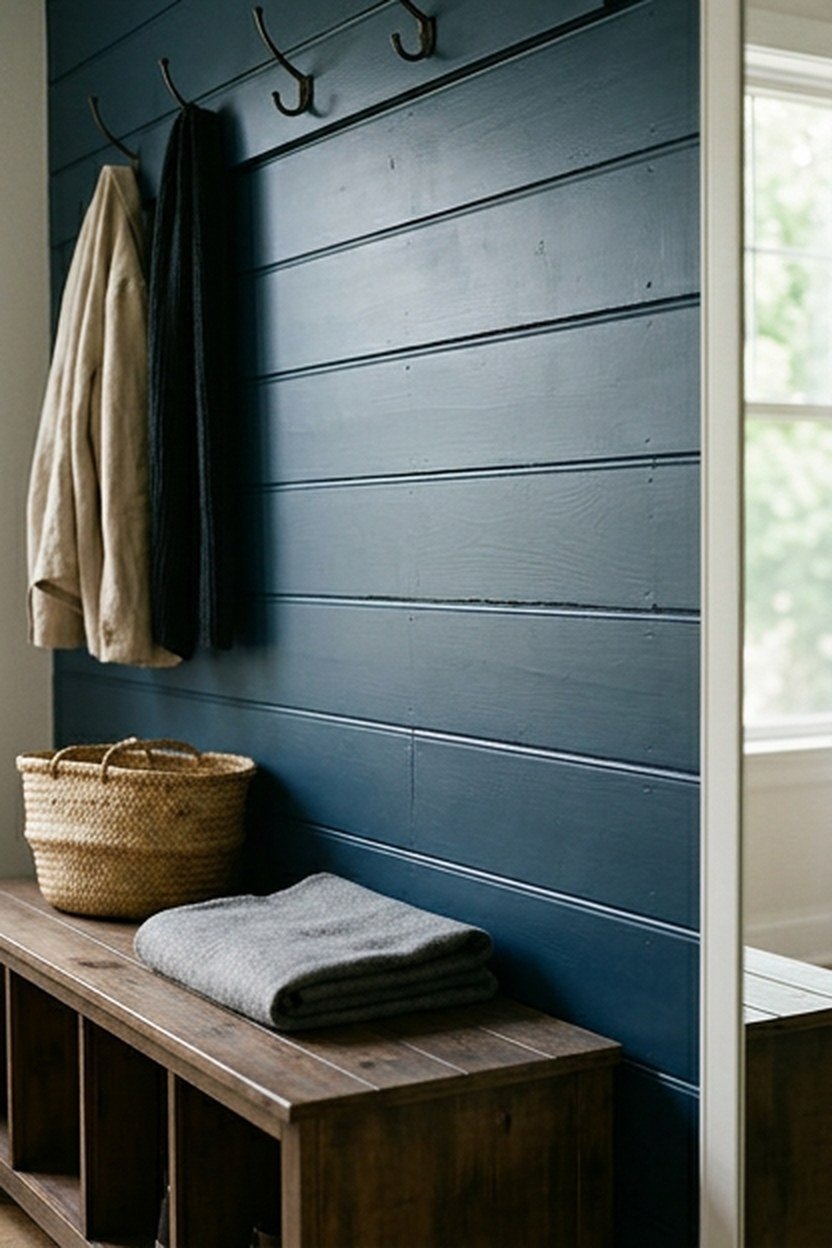 A navy painted shiplap accent wall in a mudroom