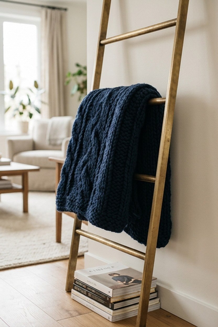 A navy throw blanket draped on a brass blanket ladder in a reading nook