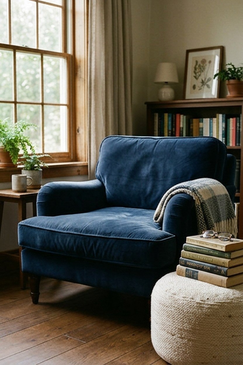 A navy velvet armchair serving as the centerpiece of a reading nook