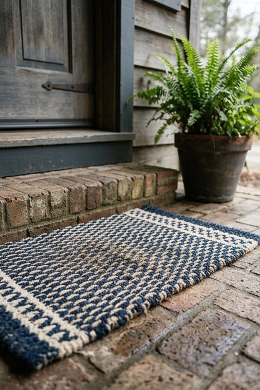A navy and white doormat at a mudroom exterior entry