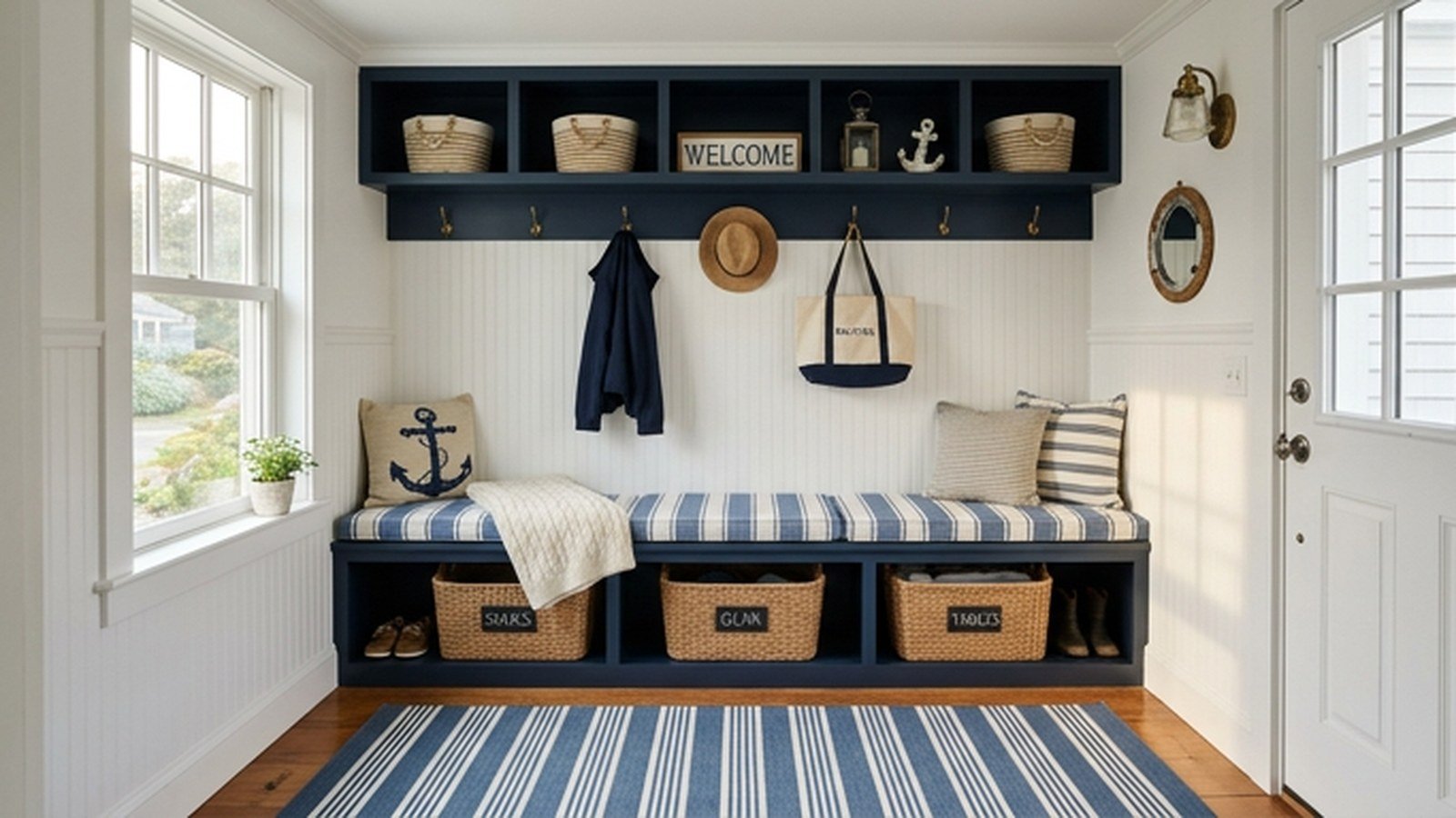 A navy and white nautical mudroom with a built-in storage bench