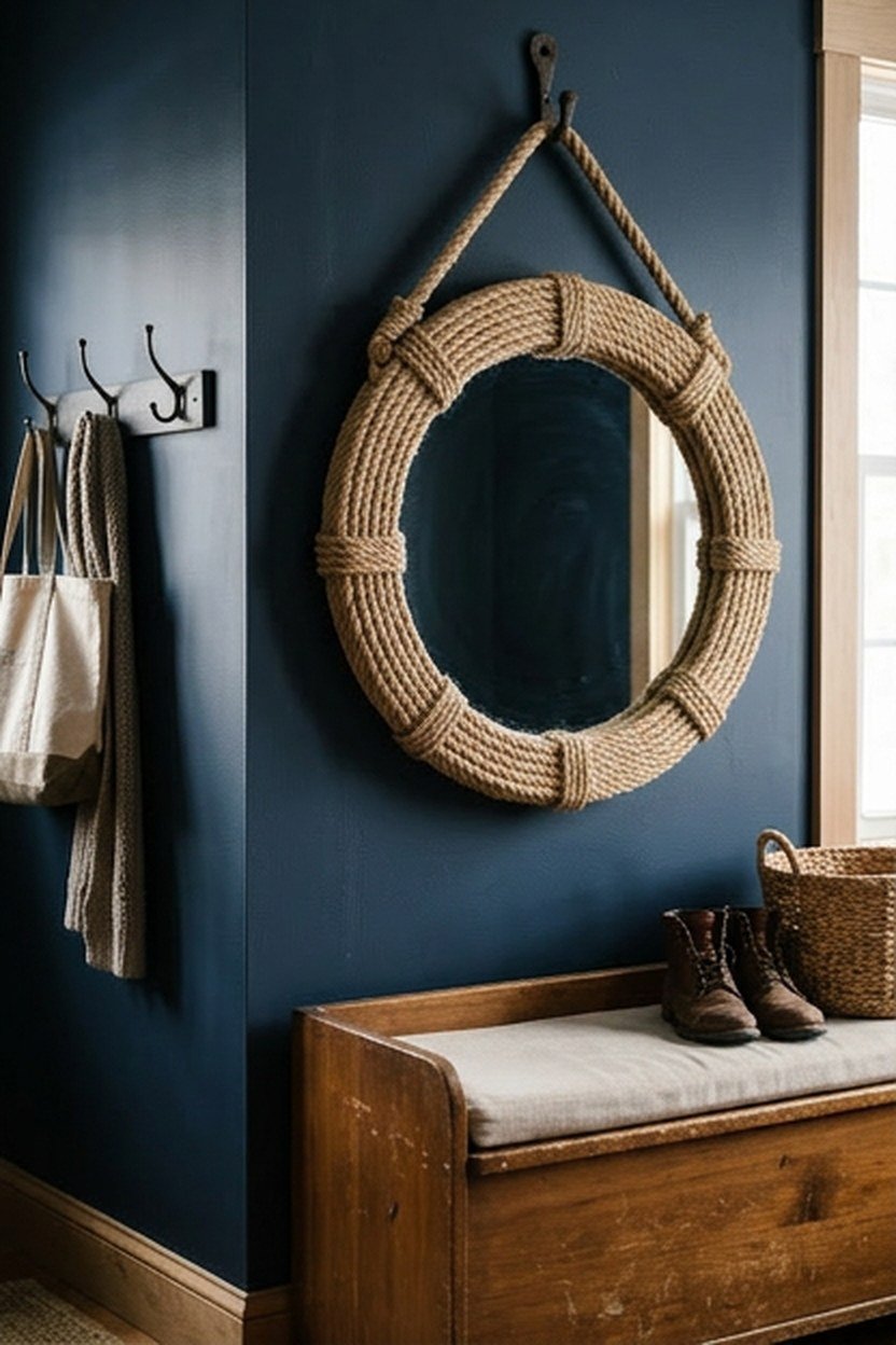 Nautical rope details on a mirror frame in a navy white mudroom