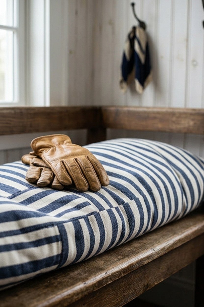 A navy and white striped cushion on a mudroom storage bench