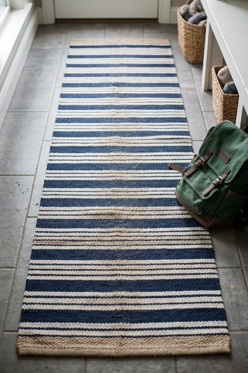 A navy and white striped runner rug in a mudroom walkway
