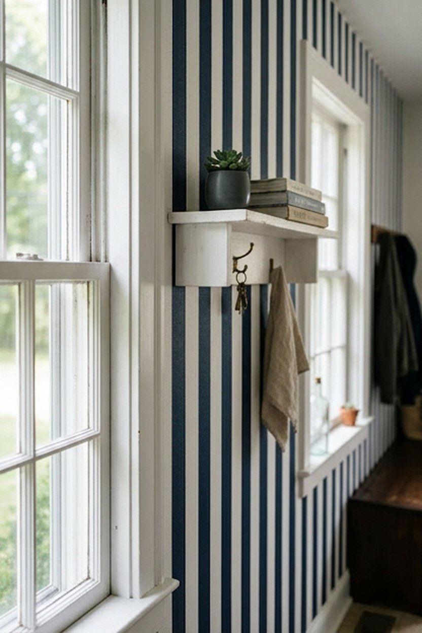 Navy and white striped wallpaper on a mudroom accent wall