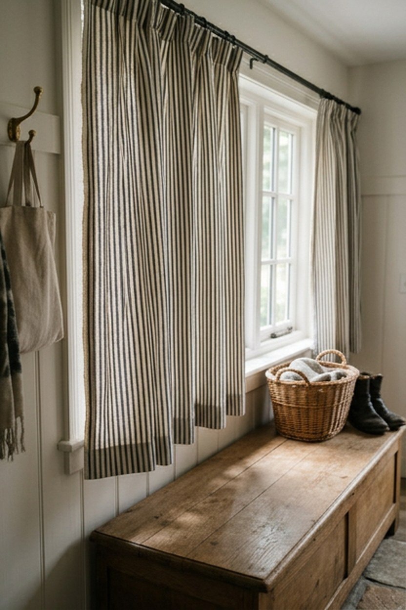 Navy and white ticking stripe curtains on a mudroom window
