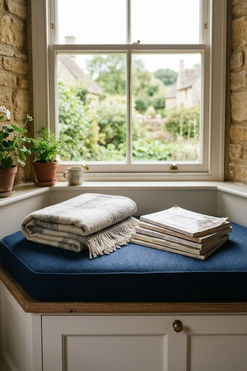 A navy upholstered window seat with hidden storage in a reading nook