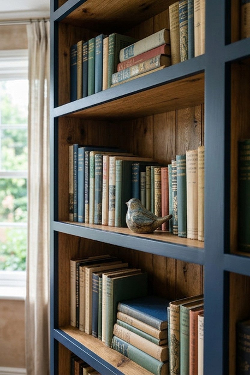 A built-in bookshelf wall painted navy with wood shelf interiors