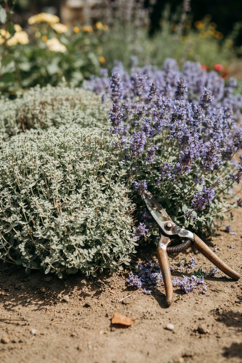 Half of a nepeta clump sheared back while the other half is still in flower