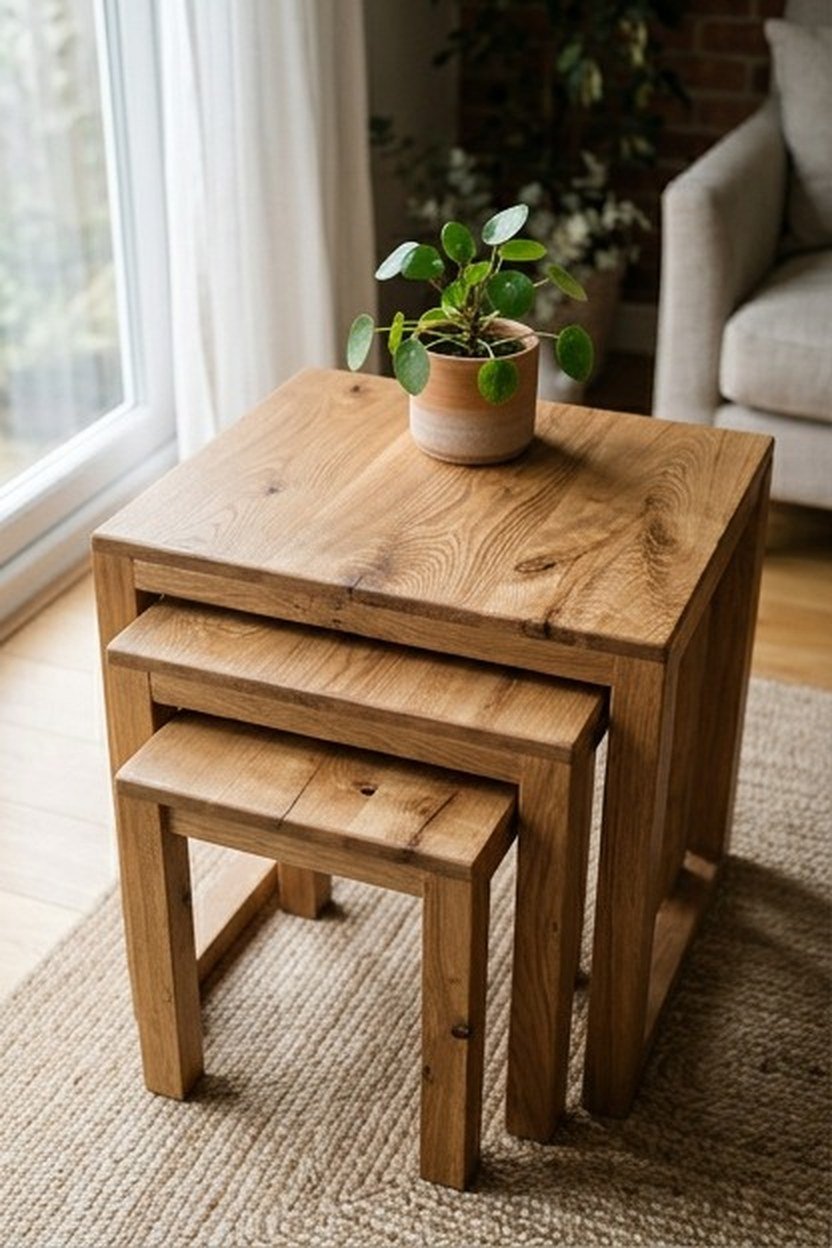 Nesting side tables stacked together in a studio living area