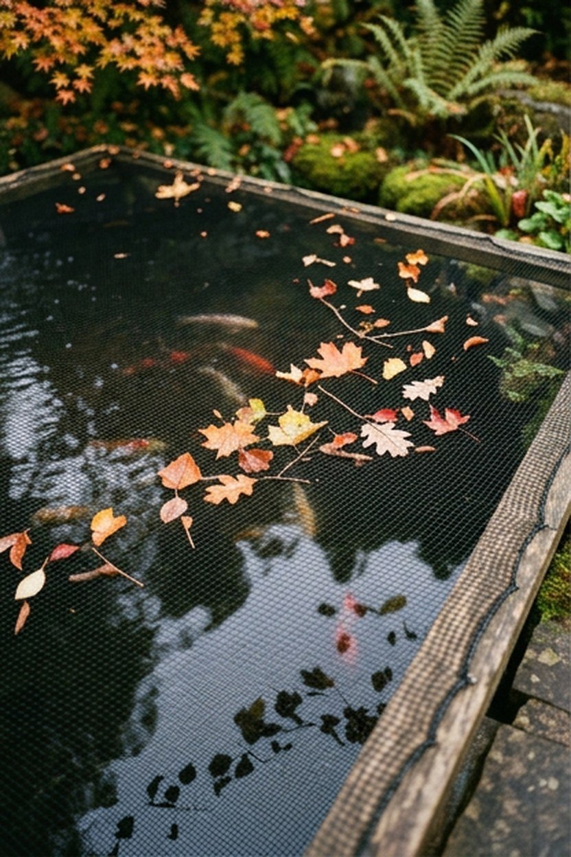 A netting frame covering a koi pond for leaf and debris control