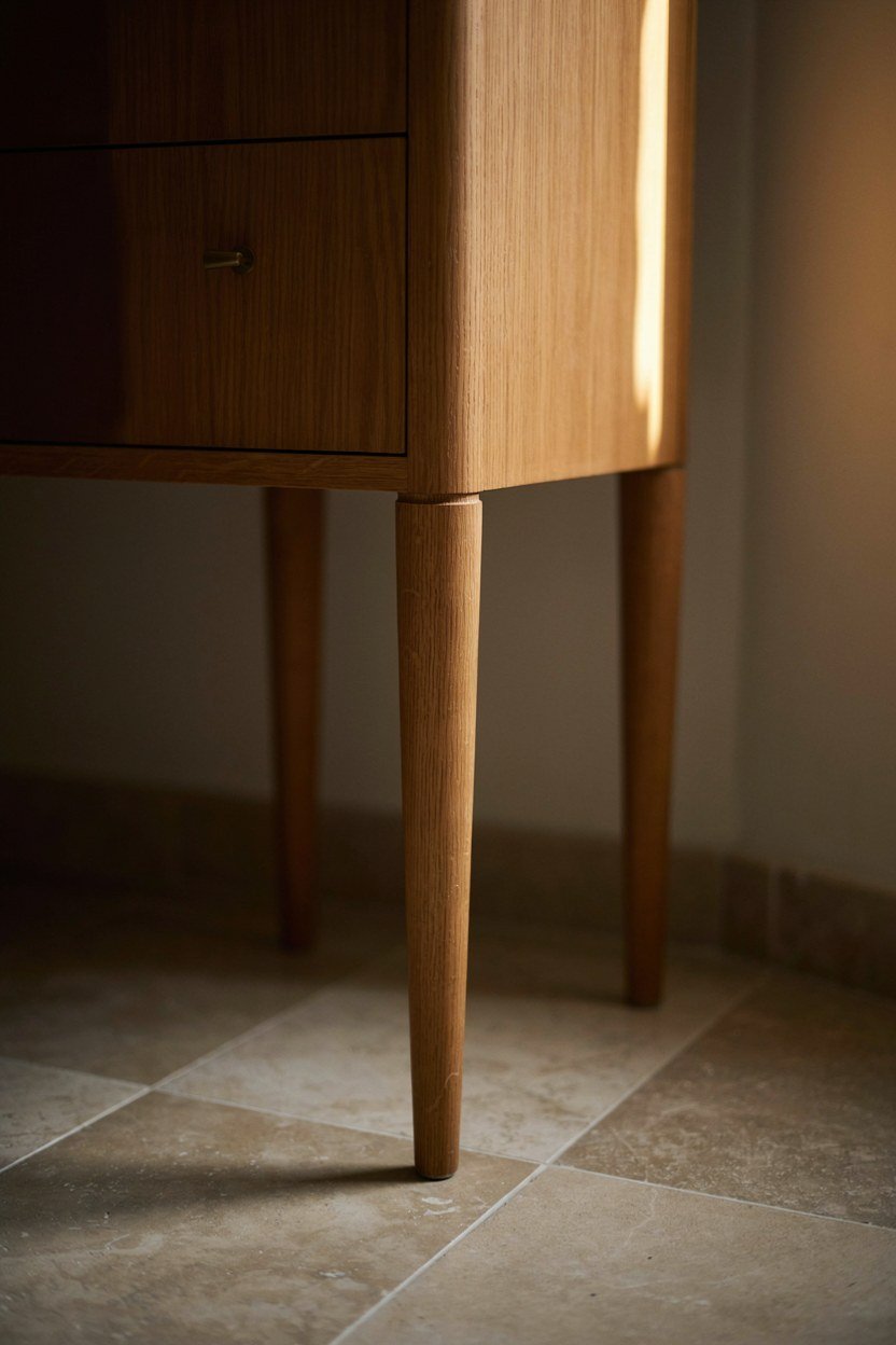 Solid oak vanity on visible legs showing floor underneath