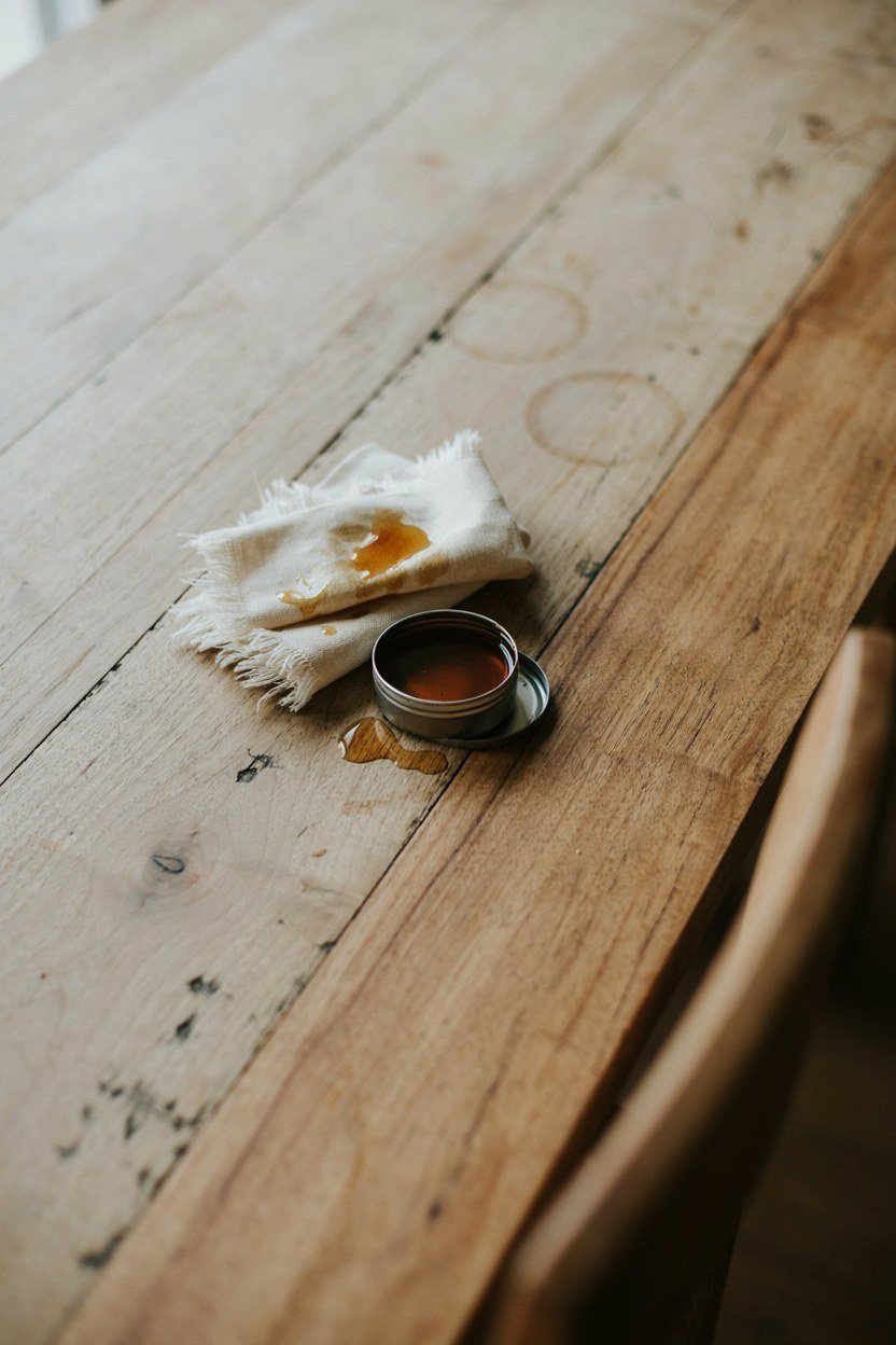 A cloth and oil being used to refresh the finish on a reclaimed wood table
