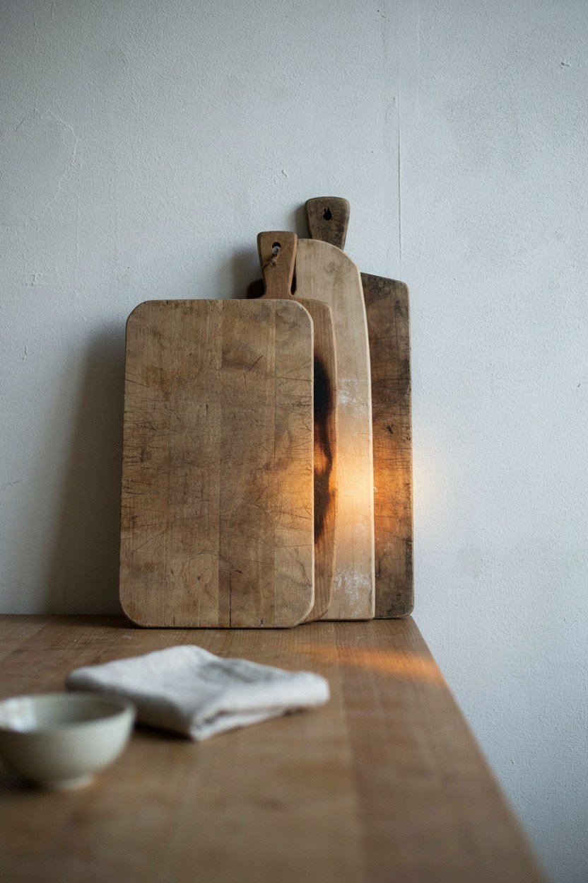 Old wooden bread boards leaning in a stack at the end of a kitchen table