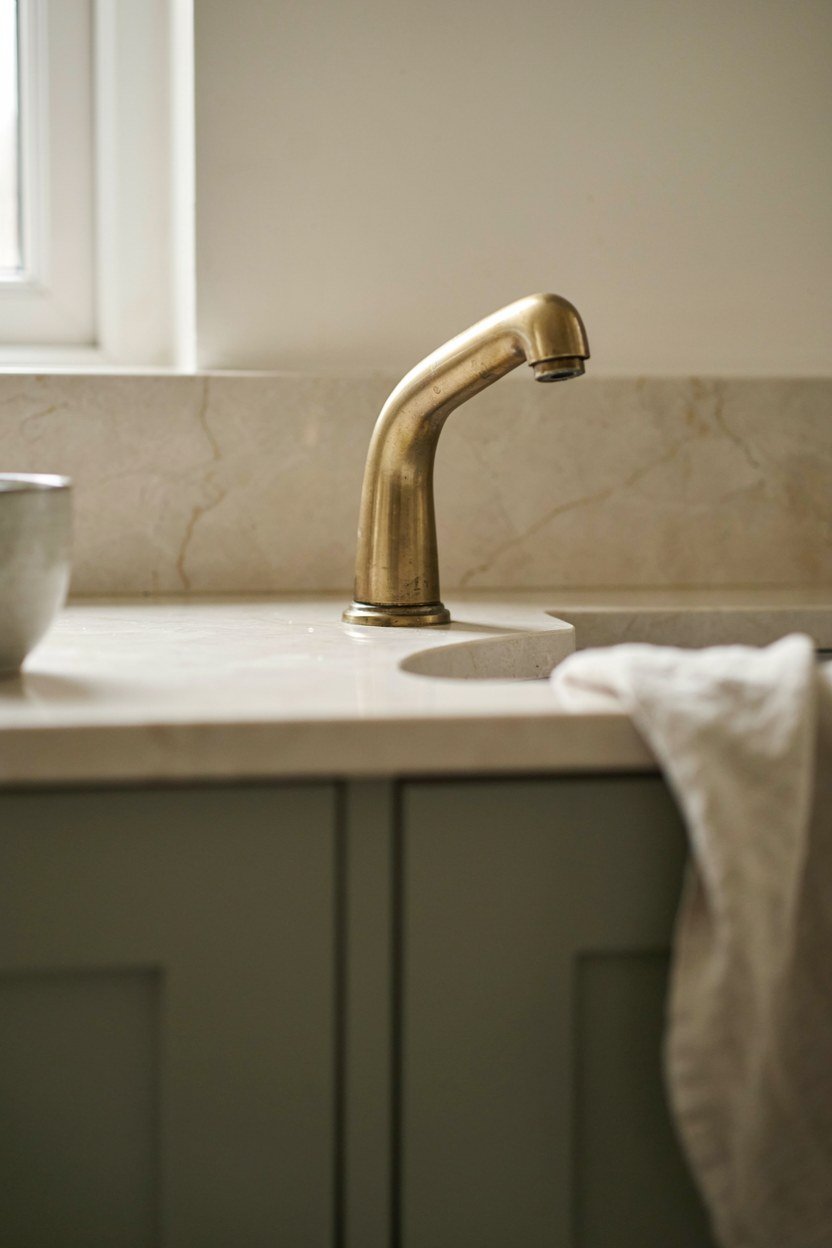 Olive green kitchen units with cream walls and an aged brass tap