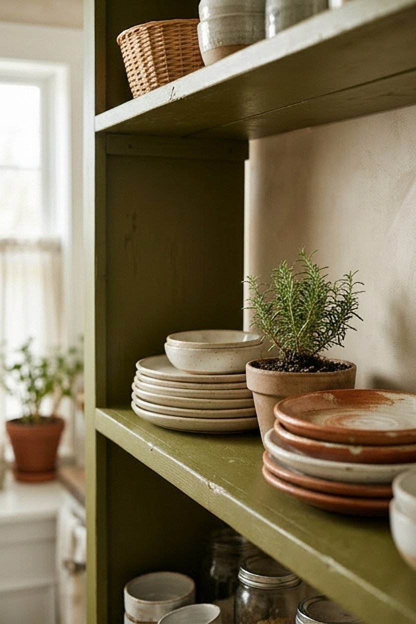 Olive green open shelving with stacked ceramic dishware in a kitchen