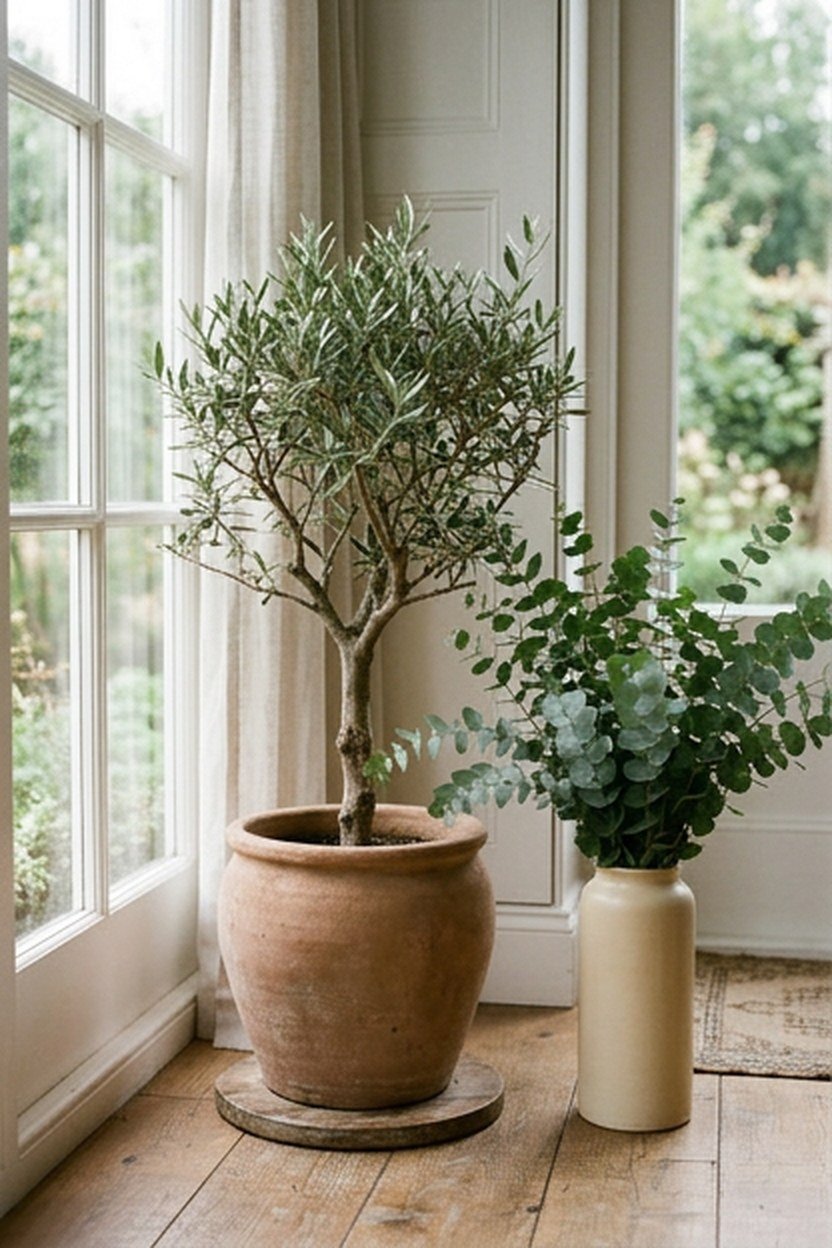 Olive tree and cut branches softening a warm minimalist living room