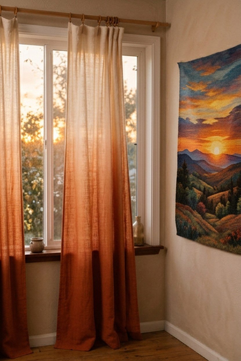 Ombre curtain panels matching a sunset tapestry's gradient colors
