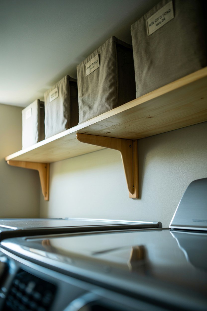 Open shelving above a washer and dryer holding labelled category bins