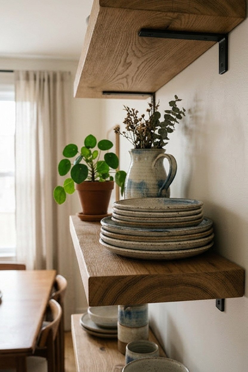 Open wood shelving displaying stacked plates and pitchers in a dining room