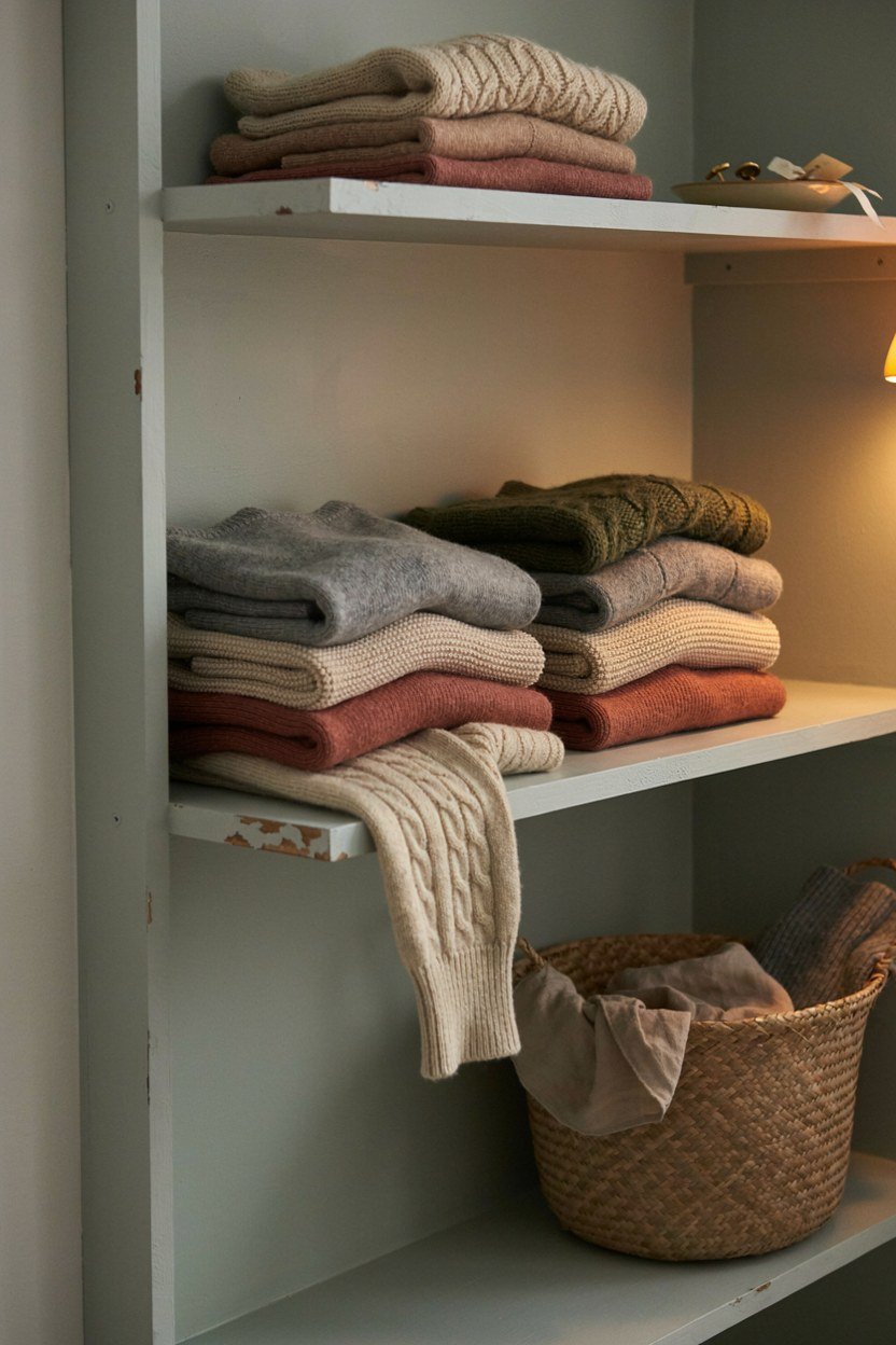 Open shelving in a dressing room holding folded knitwear and a woven storage basket